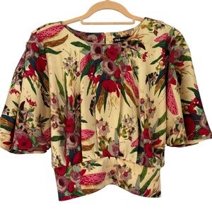 INA Cropped Butterfly Sleeve Beige and Floral Short Sleeve Blouse Size S